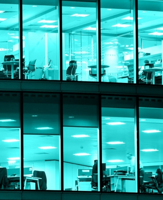 Offices through windows with blue overlay