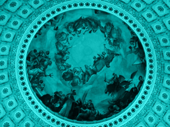 View looking up at painted dome ceiling with blue overlay